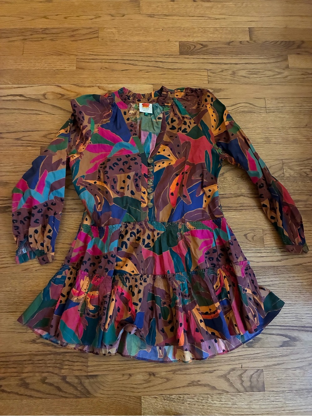 FARM Rio Multicolor Abstract Leopard Tiered Mini Dress